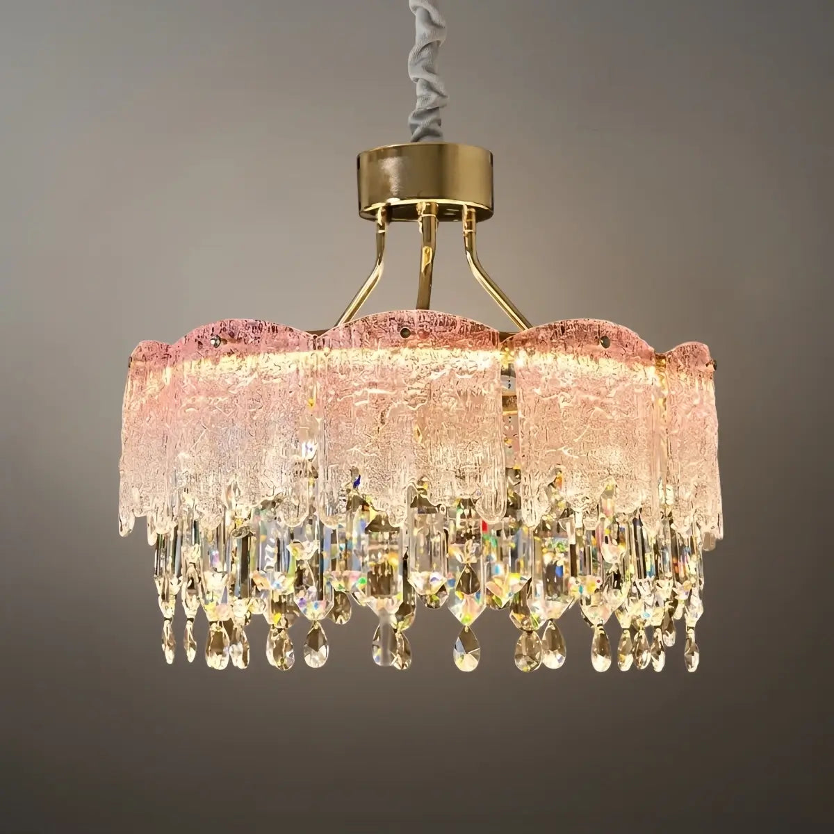 Vetro Elegant Glass Fringe Crystal Chandelier – Green/Pink/Clear Round for Bedroom / Dining Room